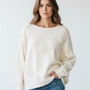Boston Proper Cream Sweater with Floral Accents